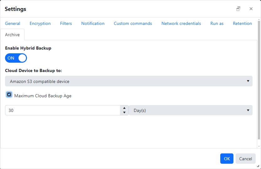 Agent file backup job settings - Archive